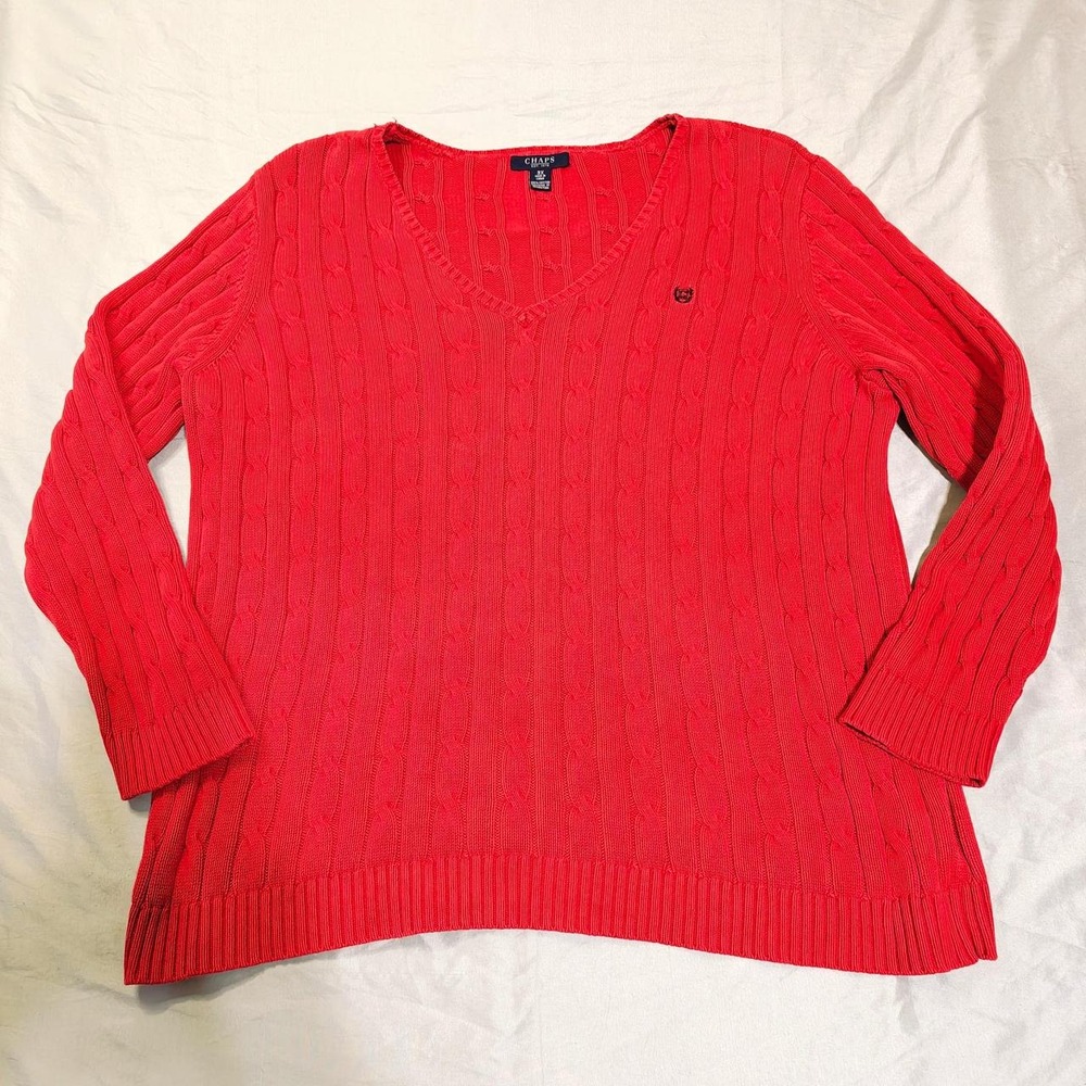 Chaps Mens Red Cable Knit V-Neck Cotton Sweater Size 3XL Pullover